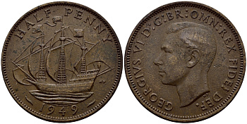 Великобритания 1/2 пенни 1949 Георг VI (1936-1952) KM 868, Spink 4118 бронза 62-1146