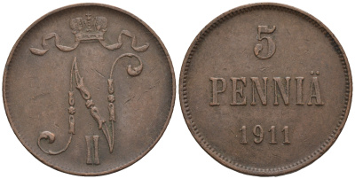 Россия для Финляндии 5 пенни 1911 Николай II (1894-1917) KM 15, Биткин 451 медь 85-312