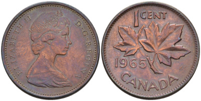 Канада 1 цент 1965 Елизавета II (1952-2022), кленовый лист KM 59.1 бронза  4147-246