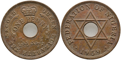 Нигерия 1 пенни 1959 Елизавета II (1952-), Британский протекторат KM 2 бронза 51-126