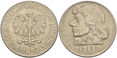 Польша 10 злотых 1959 MW, Тадеуш Костюшко, первый год KM 50 медно-никель 4542-1224