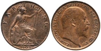 Великобритания 1 фартинг 1903 Эдуард VII (1901-1910), KM 792, Spink 3992 бронза 117-251