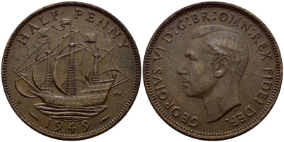Великобритания 1/2 пенни 1949 Георг VI (1936-1952) KM 868, Spink 4118 бронза 62-1146
