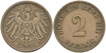 ГЕРМАНИЯ 2 ПФЕННИГА 1911 A KM 16, J. 11, Weege 4 медь 212-344
