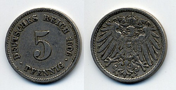 ГЕРМАНИЯ 5 ПФЕННИГОВ 1906 D, KM 11, J. 12 медно-никель 76-216