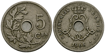 Бельгия 5 сантимов 1905 Belgie KM 55 медно-никель 4173-123