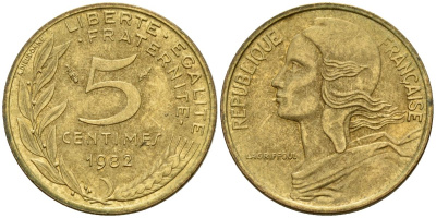 Франция 5 сантимов 1982 KM 933 алюминиевая бронза 4152-434
