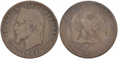 ФРАНЦИЯ 5 САНТИМОВ 1861 K, НАПОЛЕОН III (1852-1870) KM 797.3, LE FRANC 117.4 бронза 108-511