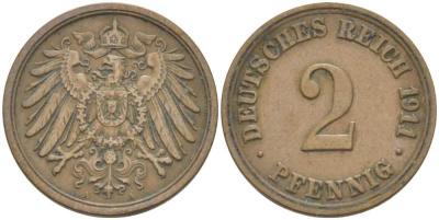 ГЕРМАНИЯ 2 ПФЕННИГА 1911 A KM 16, J. 11, Weege 4 медь 212-344