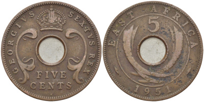 Британская Восточная Африка 5 центов 1951 Георг VI (1936-1952) KM 33 бронза 94-452