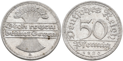 Германия 50 пфеннигов 1920 А KM 27 J.301 алюминий 4589-214
