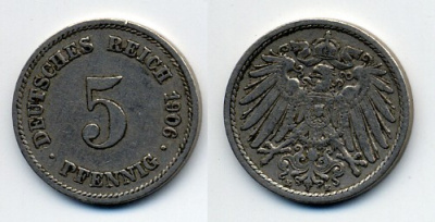 ГЕРМАНИЯ 5 ПФЕННИГОВ 1906 D, KM 11, J. 12 медно-никель 76-216