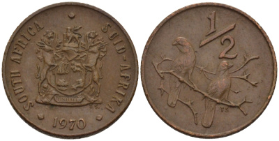 ЮАР 1/2 цента 1970 два капских воробья на ветке KM 81 бронза UNC 66-316