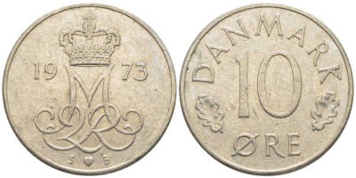 ДАНИЯ 10 ЭРЕ 1973 S; B, МАРГРЕТЕ II (1972-) KM 860.1 медно-никель 116-238