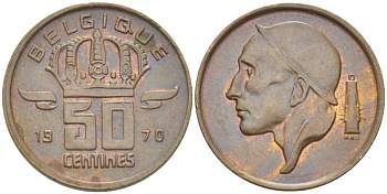 БЕЛЬГИЯ 50 САНТИМОВ 1970 BELGIQUE, БОДУЭН I (1951-1993) KM 148.1 бронза 206-214