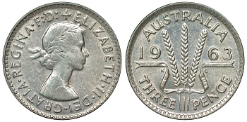 Австралия 3 пенса 1963 m, Елизавета II (1952-2022) KM 57 серебро 71-852