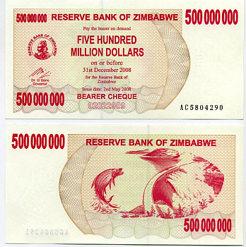 Зимбабве 500000000 долларов 2008 тигровая рыба, Кариба ГЭС Pick 60 бумага UNC (пресс) 448-53-2