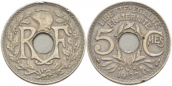 ФРАНЦИЯ 5 САНТИМОВ 1937 ТИП ЛИНДАЙЁ KM 875 медно-никель 3309-1025