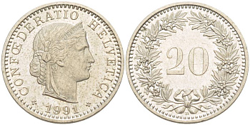 ШВЕЙЦАРИЯ 20 РАППЕНОВ 1991 В KM 29а медно-никель 4544-343