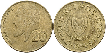 Кипр 20 центов 1994 KM 62.2 никель латунь 4140-841