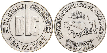 Германия медаль 1966 аудиторское общество по качеству, премирует серебряной медалью DLG, диаметр 41 мм.  белый металл    11-271-22