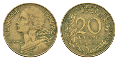 Франция 20 сантимов 1964 тип Marianne KM 930 медь алюминий никель 4681-653
