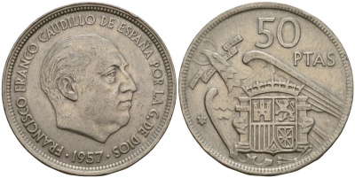Испания 50 песет 1957 (59) Франсиско Франко (1939-1975) KM 788 медно-никель 3460-142