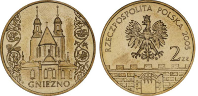 Польша 2 злотых 2005 MW, серия исторические места, Гнезно (Gniegno), собор Девы Марии KM 564, Parchimowicz 956 нордик UNC 603-1023