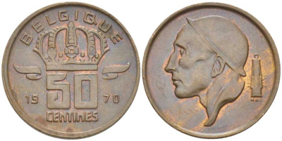 БЕЛЬГИЯ 50 САНТИМОВ 1970 BELGIQUE, БОДУЭН I (1951-1993) KM 148.1 бронза 206-214