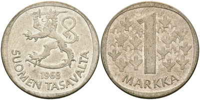 Финляндия 1 марка 1968 S KM 49 серебро 4582-1244