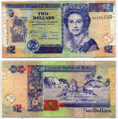 Белиз 2 доллара 2005 1 января 2005 Pick 66b бумага VF- 2196-29-2-1