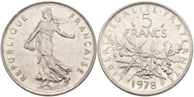 Франция 5 франков 1978 сеятель KM 926а.1, Le Franc 341.10 медно-никель плакированный никелем 3855-1133