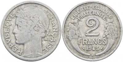 ФРАНЦИЯ 2 ФРАНКА 1945 В KM 886а.2 алюминий 4402-945