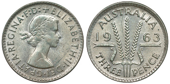 Австралия 3 пенса 1963 m, Елизавета II (1952-2022) KM 57 серебро 71-912