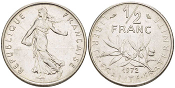 Франция 1/2 франка 1972 сеятель KM 931.1, LE FRANC 198.11 никель 210-1132