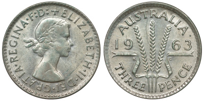 Австралия 3 пенса 1963 m, Елизавета II (1952-2022) KM 57 серебро 71-912