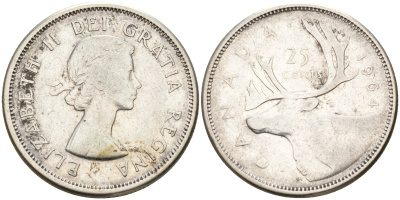Канада 25 центов 1964 Елизавета II (1952-), олень KM 52 серебро 63-744