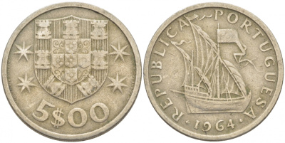 ПОРТУГАЛИЯ 5 ЭСКУДО 1964 ПАРУСНИК KM 591 медно-никель 3718-451
