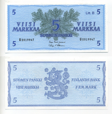 ФИНЛЯНДИЯ 5 МАРОК 1963 Pick 106A бумага UNC (пресс) 7214-15-2
