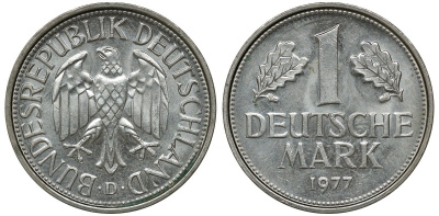 ФРГ 1 МАРКА 1977 D J 385, KM 110 медно-никель aUNC 72-854