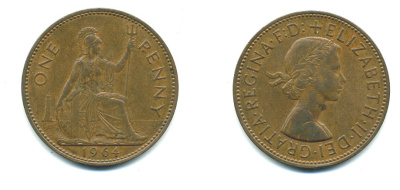 Великобритания 1 пенни 1964 Елизавета II (1952-2022) KM 897, Spink 4157 бронза 4383-742