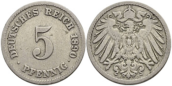 ГЕРМАНИЯ 5 ПФЕННИГОВ 1890 J KM 11, Jager 12, Weege 6 медно-никель 4547-323