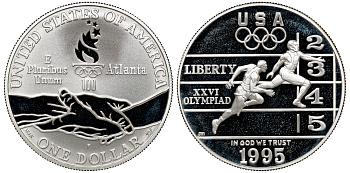 США 1 доллар 1995 Р, XXVI Олимпийские игры в Атланте, легкая атлетика, коробка KM 264 серебро  PROOF  00-00