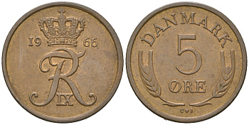 Дания 5 эре 1966 C; S, Фредерик IX (1947-1972) KM 848.1 бронза 4529-642