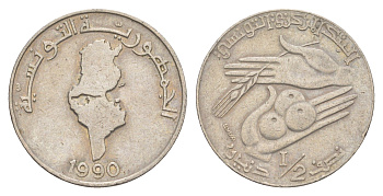 Тунис 1/2 динара 1990 KM 318 медно-никель 4513-151