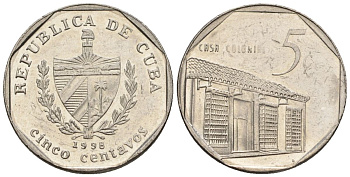 Куба 5 сентаво 1998 KM 575.2, Schoen 713, JMA MC19 сталь плакированная никелем 4115-657