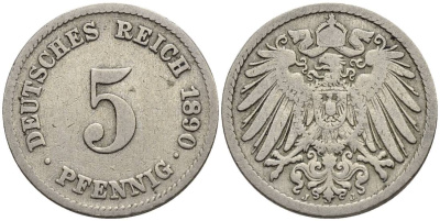ГЕРМАНИЯ 5 ПФЕННИГОВ 1890 J KM 11, Jager 12, Weege 6 медно-никель 4547-323