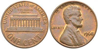 США 1 ЦЕНТ 1968 ЛИНКОЛЬН KM 201 медь цинк 112-217