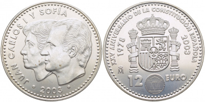 Испания 12 евро 2003 Карлос и София, 25 лет Конституции Испании KM 1051 серебро UNC 3896-1123