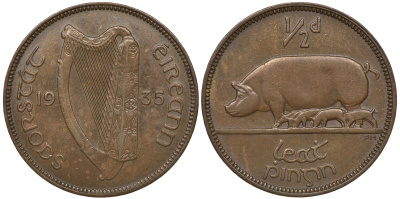 ИРЛАНДИЯ 1/2 ПЕННИ 1935 СВИНЬЯ С ПОРОСЯТАМИ KM 2 бронза 1525-912